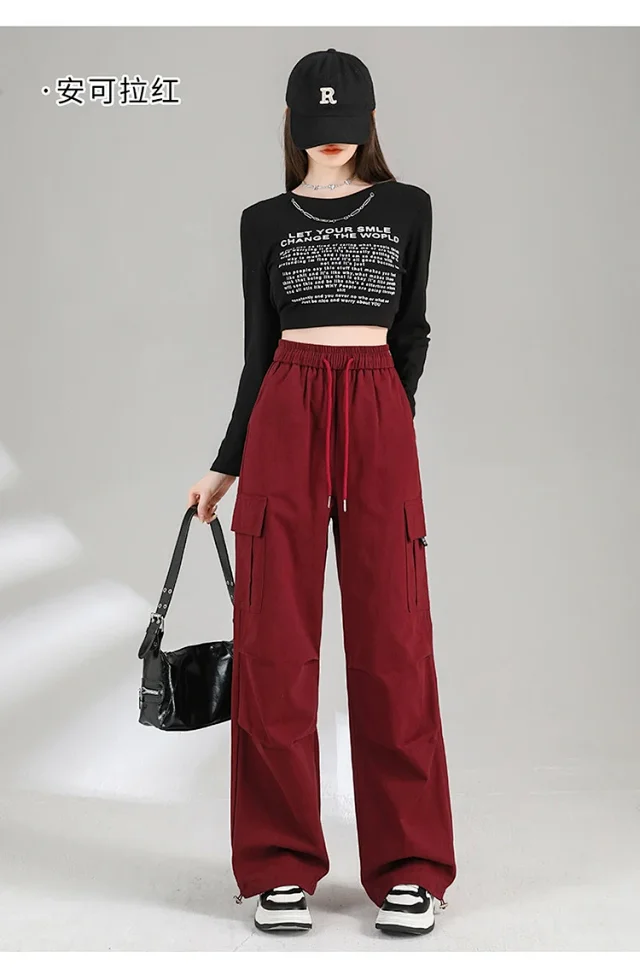 Ankela Red 2025 Fall Drawstring Cargo Pants Detail
