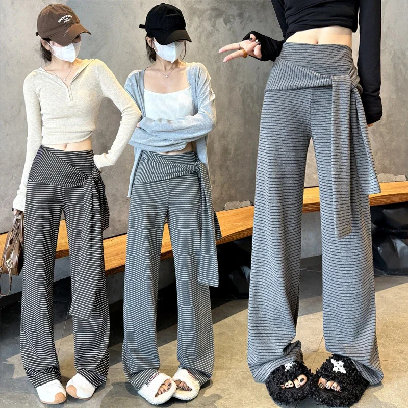 Women's 2025 Autumn Strap Striped Wide - leg Pants