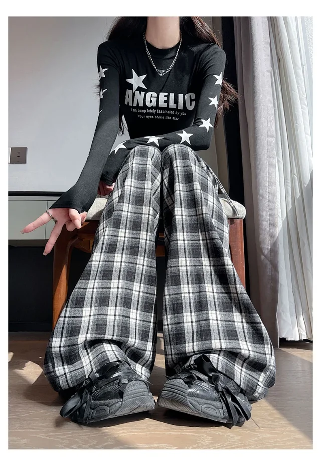 Lace Trim Plaid Wide-Leg Pants 2025 Fall Detail