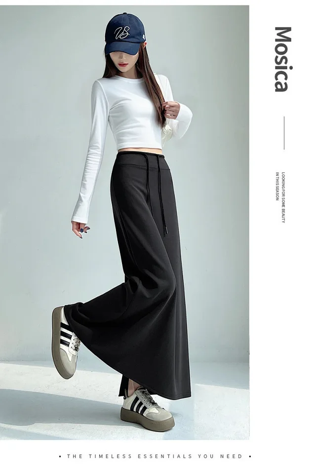 25 Korean Style Autumn-Winter Casual Drawstring Elastic Waist A-line Midi Skirt with Slit Detail