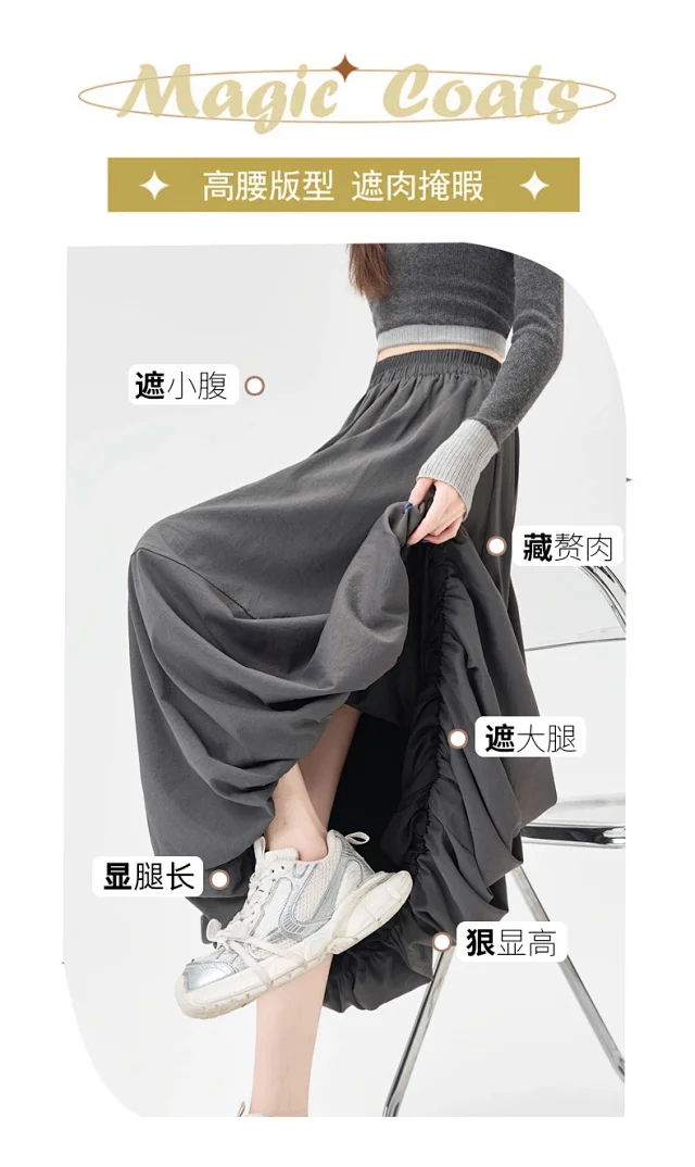 2025 Fall Korean High - Waist A - Line Lantern Midi Skirt Detail