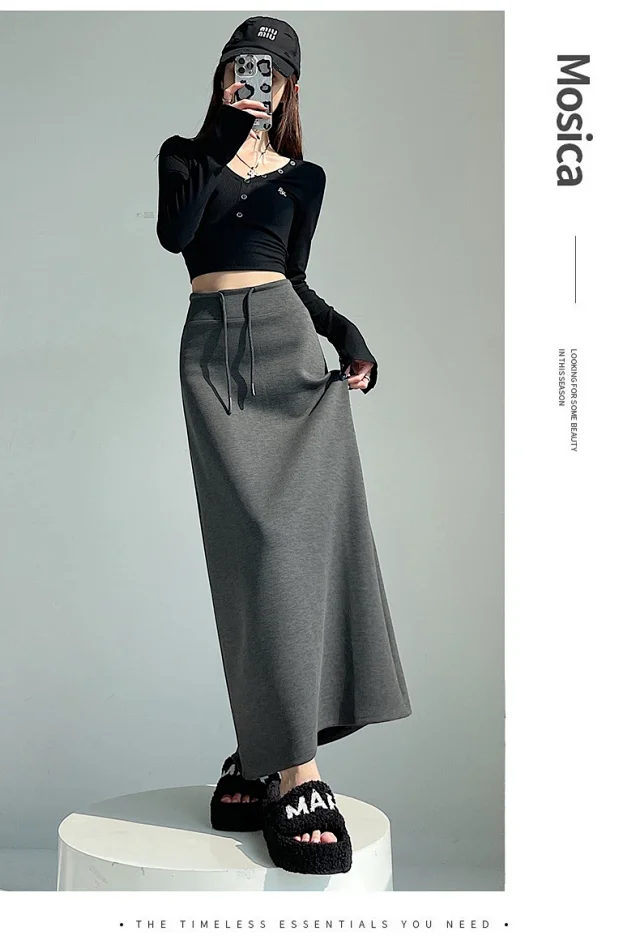 25 Korean Style Autumn-Winter Casual Drawstring Elastic Waist A-line Midi Skirt with Slit Detail