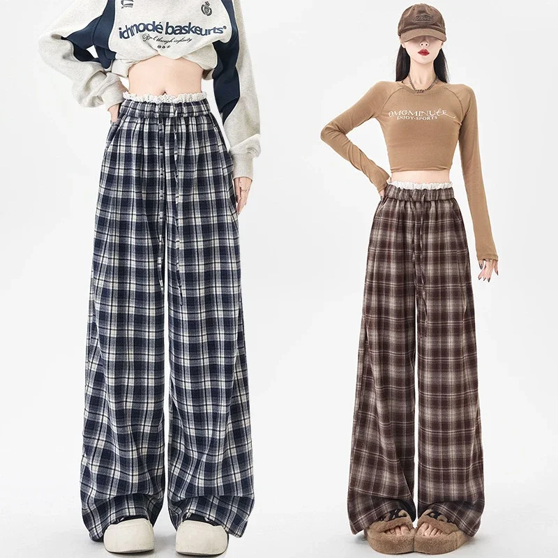 Lace Trimmed Plaid Wide-Leg Pants for Women
