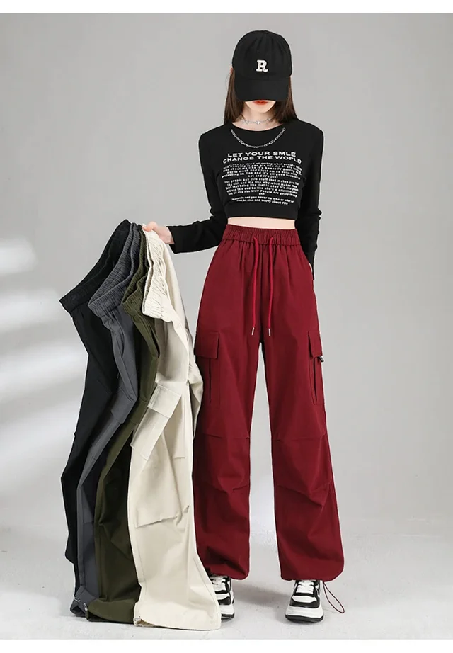 Ankela Red 2025 Fall Drawstring Cargo Pants Detail