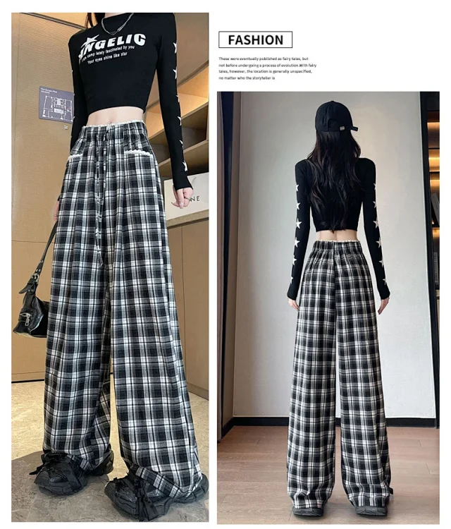 Lace Trim Plaid Wide-Leg Pants 2025 Fall Detail