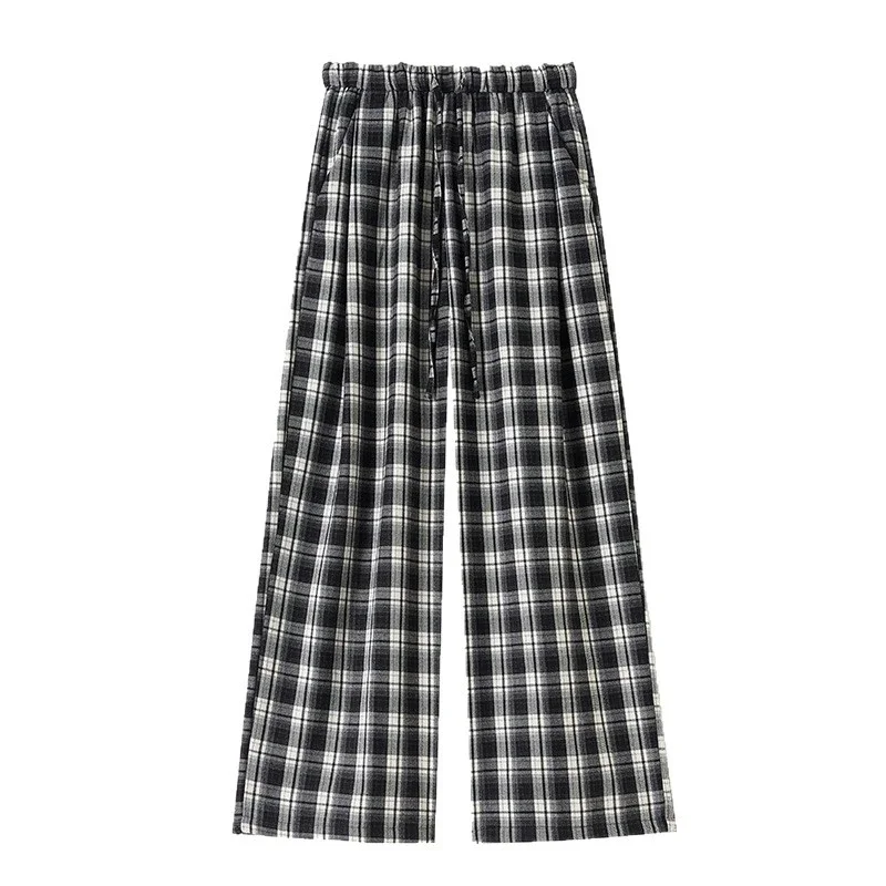 Lace Trimmed Plaid Wide-Leg Pants for Women