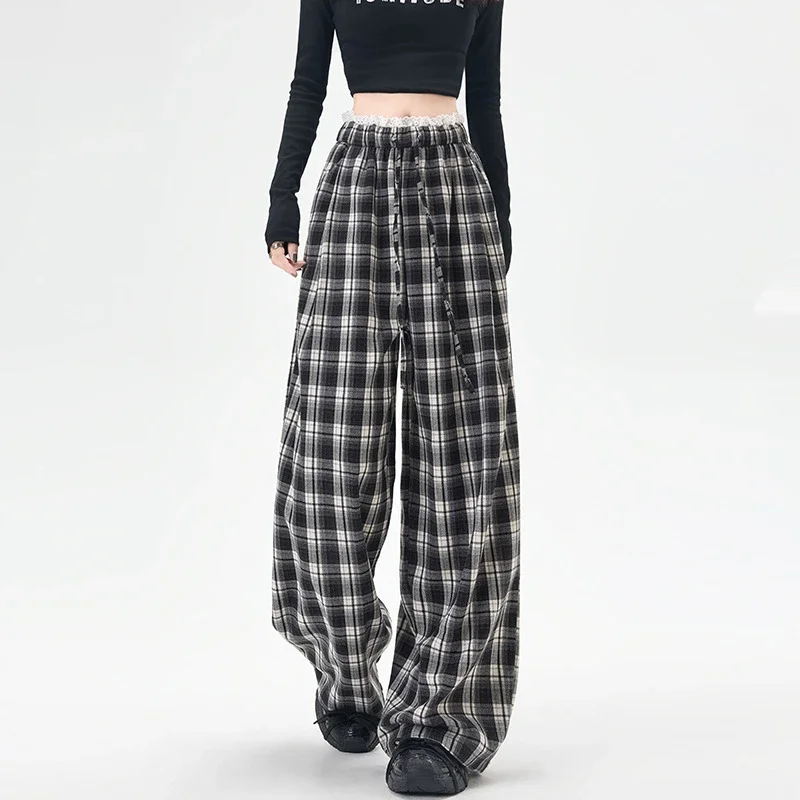 Lace Trimmed Plaid Wide-Leg Pants for Women