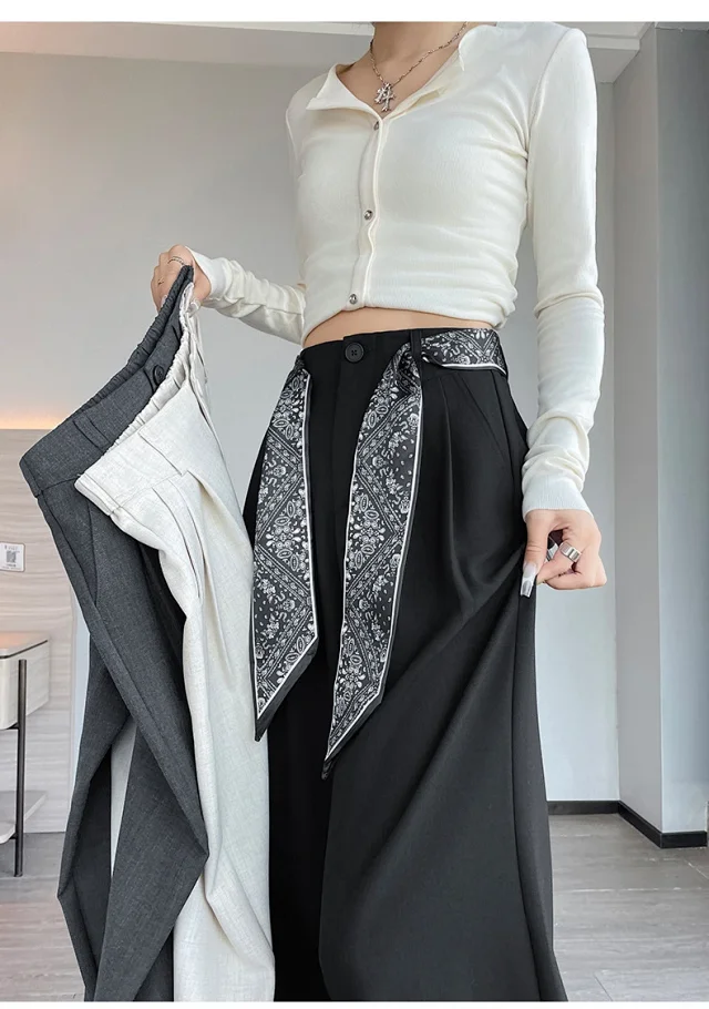 2025 Women's Wide-Leg High-Waist Suit Pants with Scarf Belt Detail