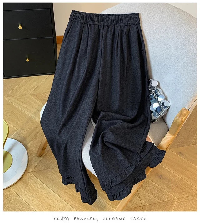 2025 Autumn New Thickened Tencel Denim Ruffle Trim Relaxed Fit Straight Cropped Pants for Women Detail