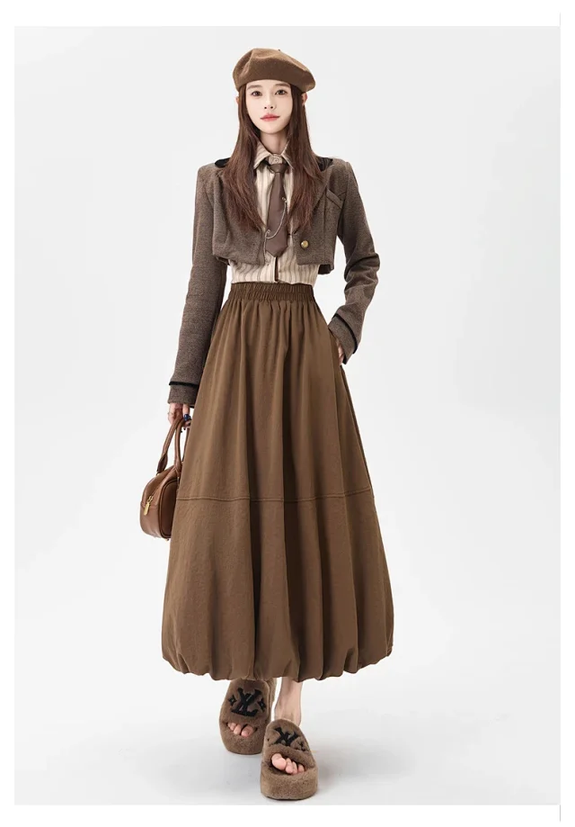 2025 Fall Korean High - Waist A - Line Lantern Midi Skirt Detail