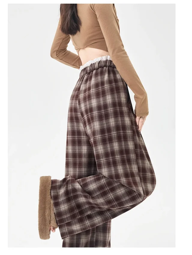 Lace Trimmed Plaid Wide-Leg Pants for Women Detail