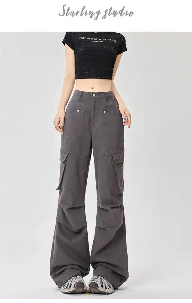American Retro Pleated Multi-pocket Streetwear Cargo Pants Detail