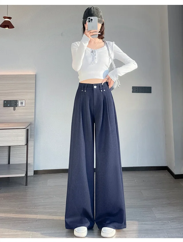 2025 Autumn Denim Blue High - waisted Wide - leg Pants for Women Detail