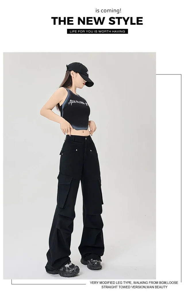 American Retro Pleated Multi-pocket Streetwear Cargo Pants Detail