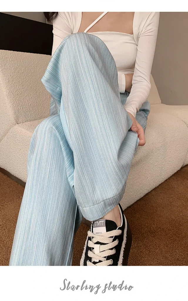 2025 Blue Striped Wide-Leg Pants for Pear-shaped Women Detail