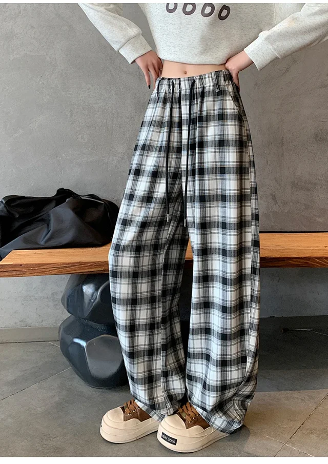 Women's 2025 Fall High-Waist Drawstring Plaid Pants Detail