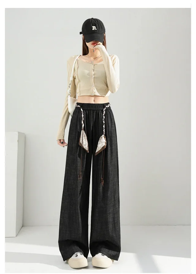 Women's 2025 Early Autumn Silk Scarf Tie Wide-Leg Pants Detail