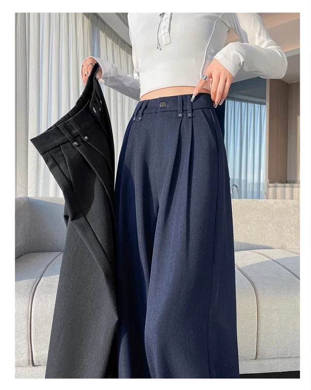 2025 Autumn Denim Blue High - waisted Wide - leg Pants for Women Detail