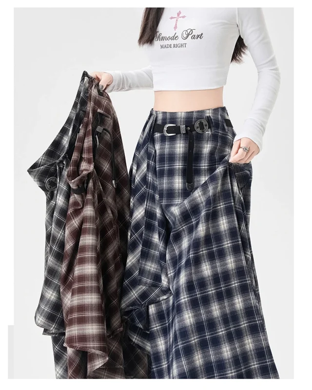 2025 Fall New Korean Black Plaid Irregular High-Waist Midi Skirt for Petite Cuties Detail