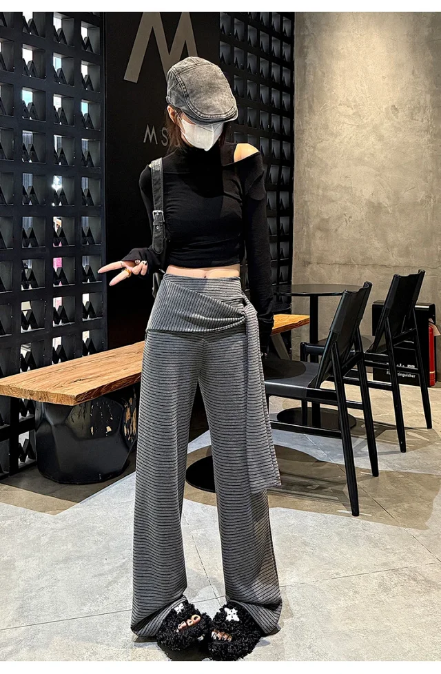 Women's 2025 Autumn Strap Striped Wide - leg Pants Detail