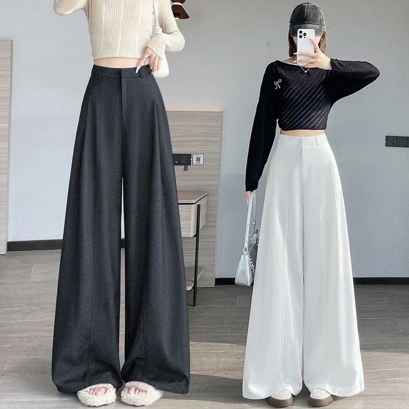 2025 Fall Old Money Style Navy Faux Denim Wide-Leg Pants for Women