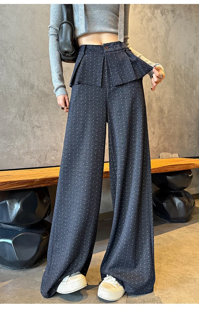 2025 AW Korean Ins Woolen Polka Dot Wide-Leg Pants Detail