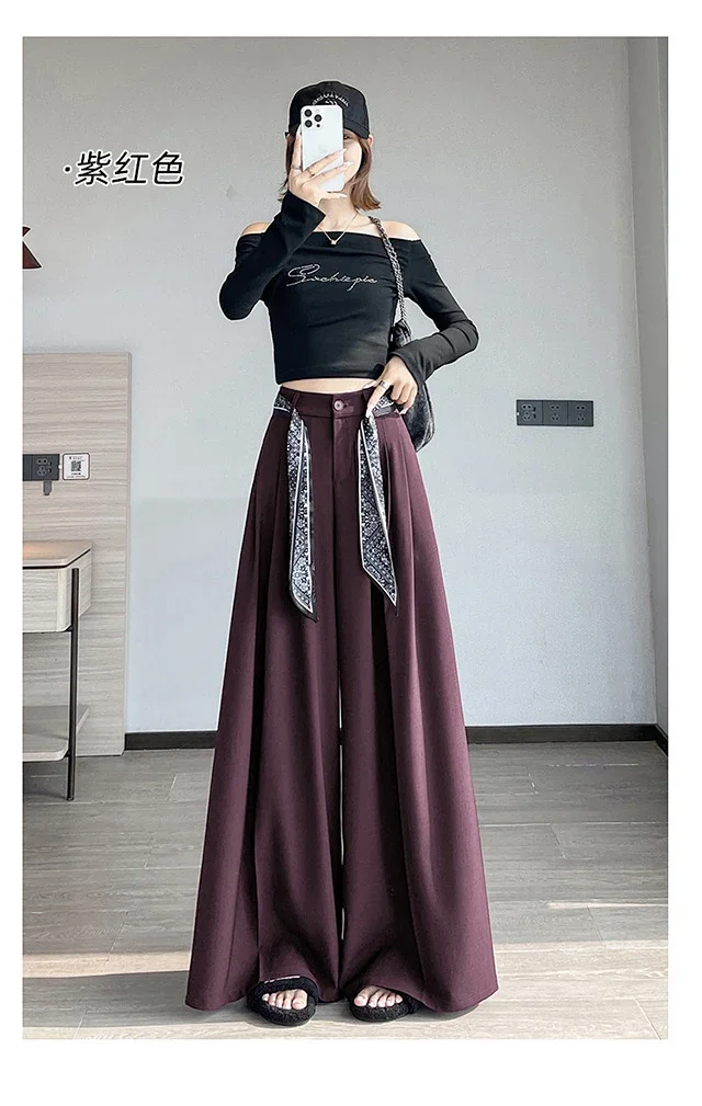 2025 New Women's Silk Belt Drapey Wide - Leg Pants Detail