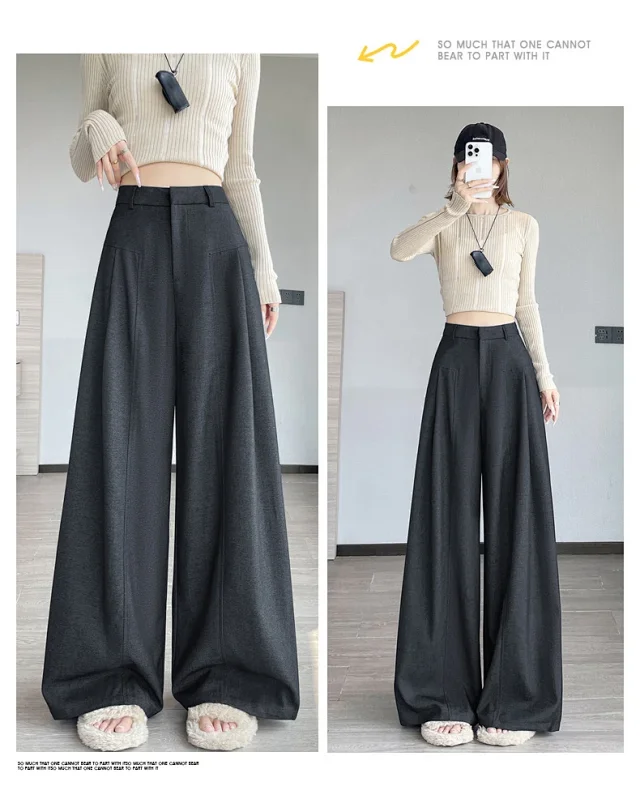 2025 Fall Old Money Style Navy Faux Denim Wide-Leg Pants for Women Detail