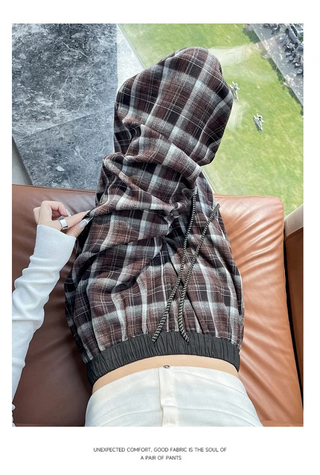 Women's Vintage Plaid Loose High-Waist Pants Detail
