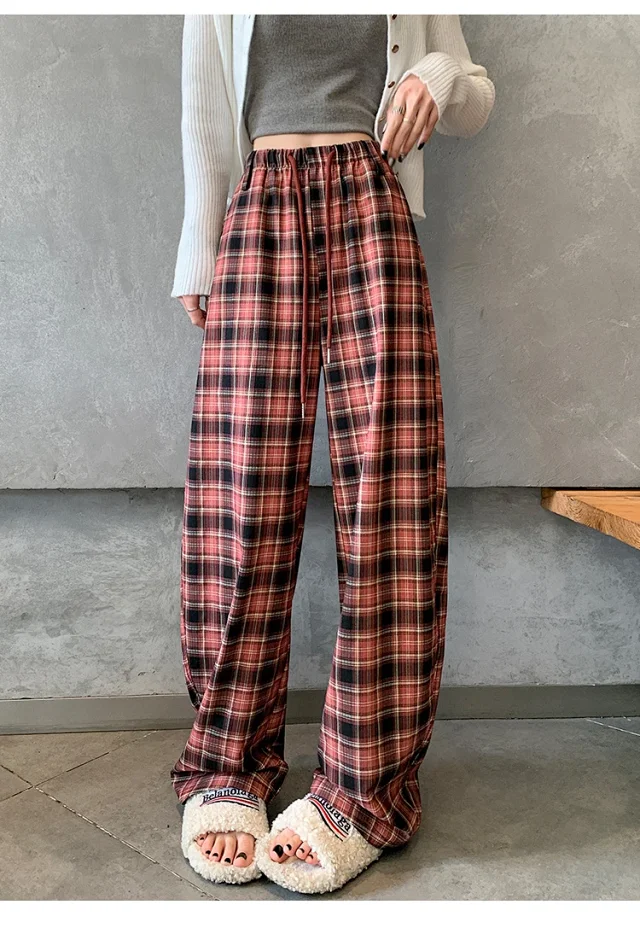 Women's 2025 Fall High-Waist Drawstring Plaid Pants Detail