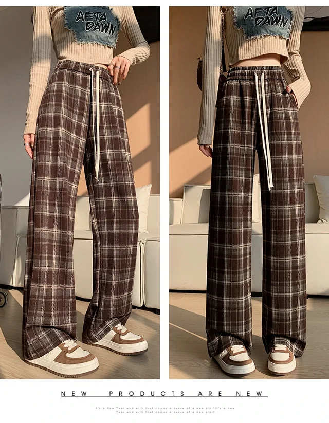2025 Spring Maillard Plaid Wide-Leg Pants Detail