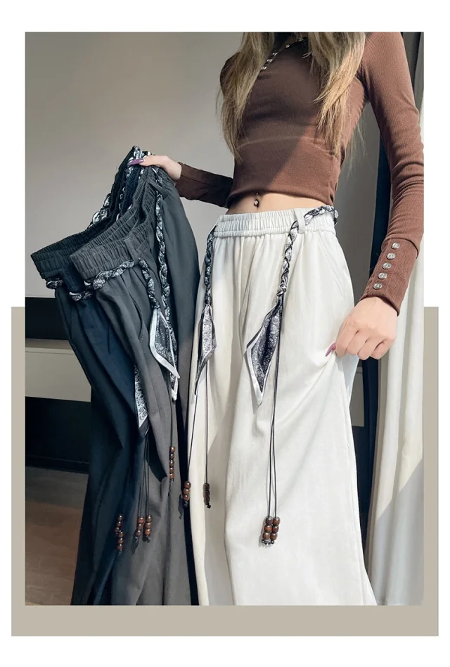 2025 Early Fall Korean-style Wide-leg Pants with Scarf Detail