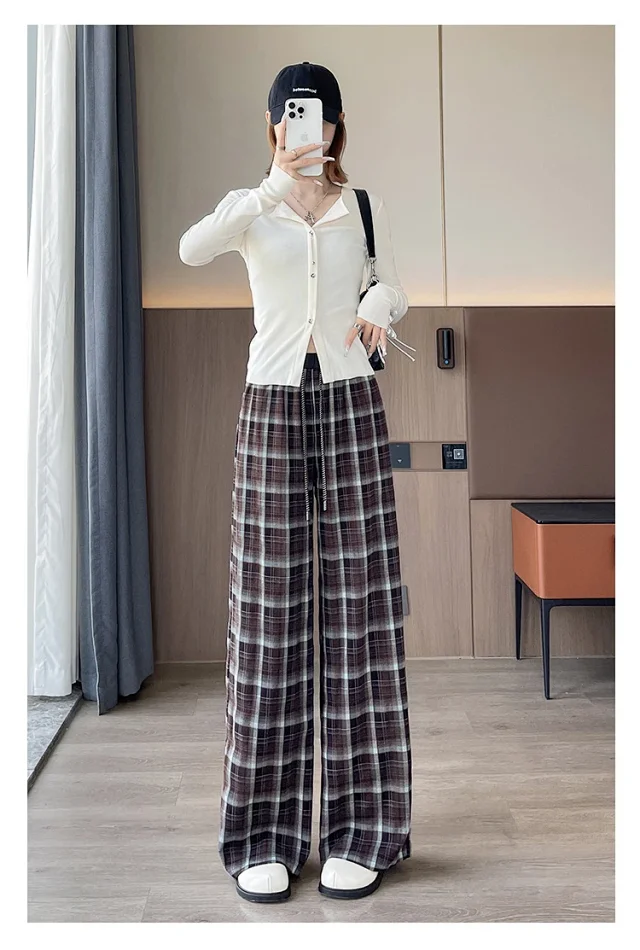 Women's Vintage Plaid Loose High-Waist Pants Detail