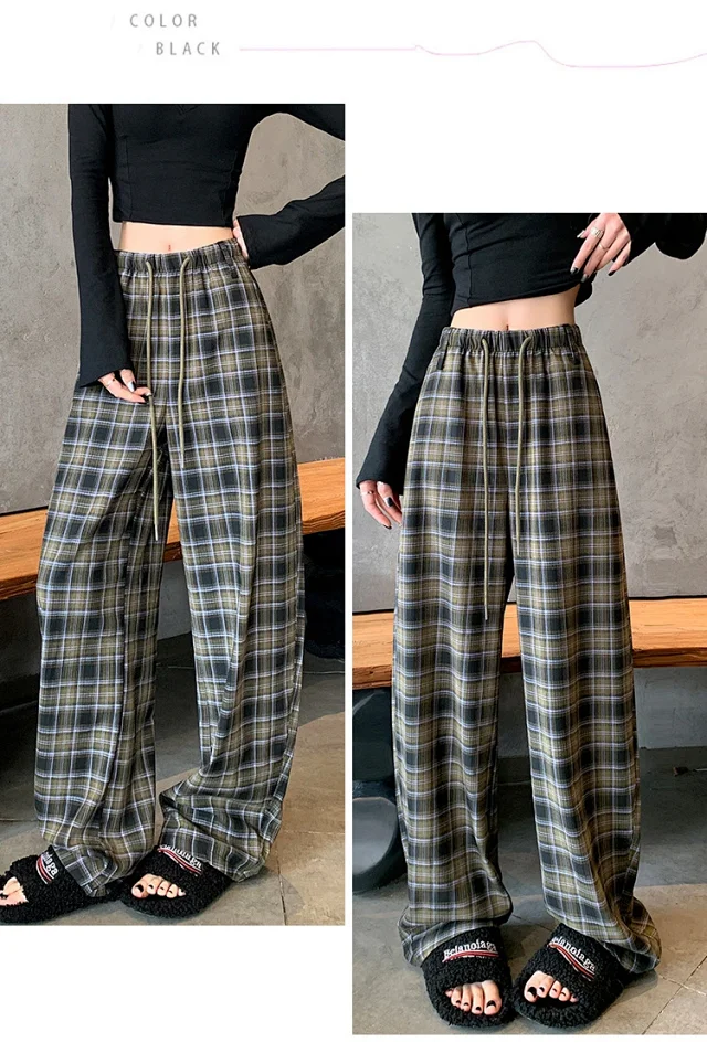 Women's 2025 Fall High-Waist Drawstring Plaid Pants Detail