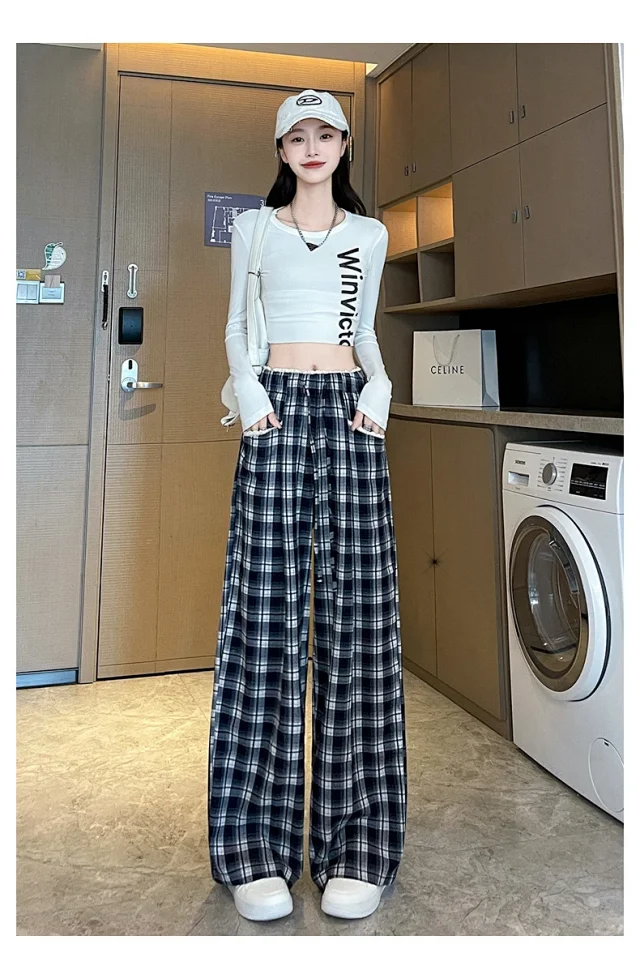 Lace Trim Plaid Wide-Leg Pants 2025 Fall Detail