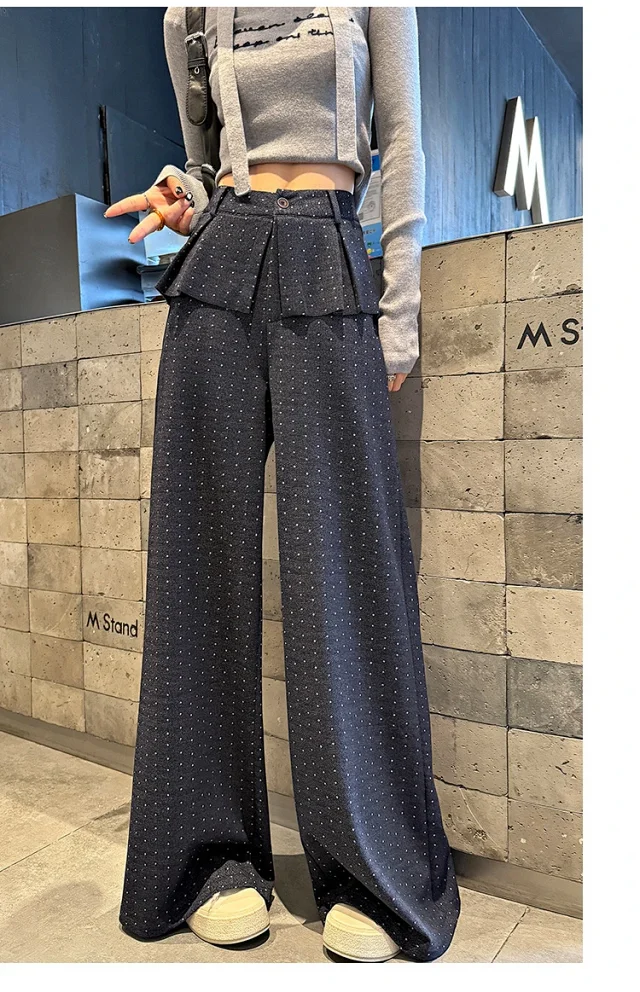 2025 AW Korean Ins Woolen Polka Dot Wide-Leg Pants Detail