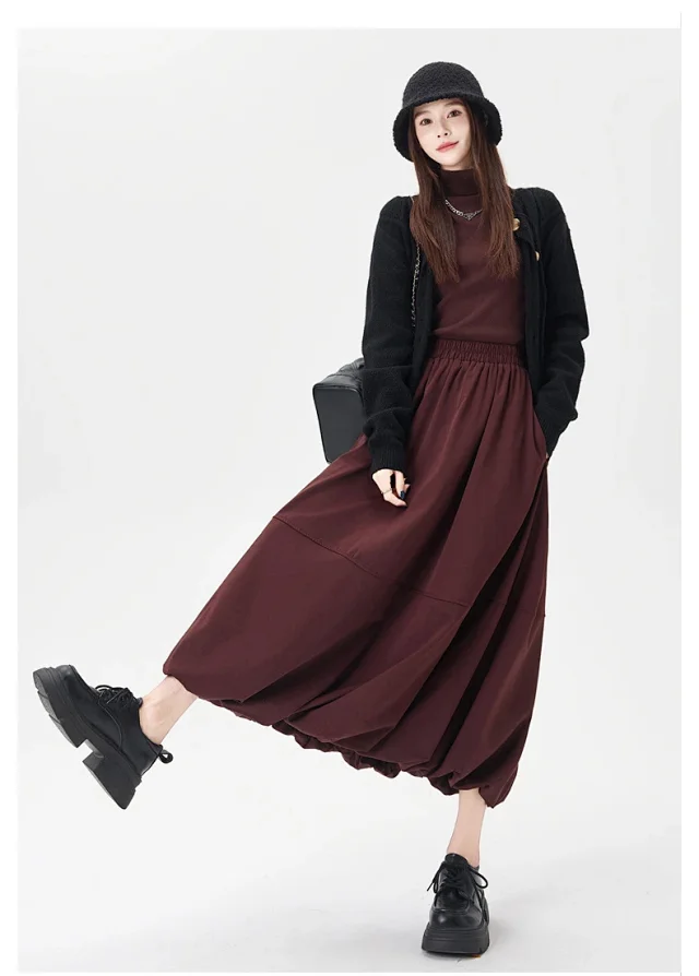 2025 Fall Korean High - Waist A - Line Lantern Midi Skirt Detail