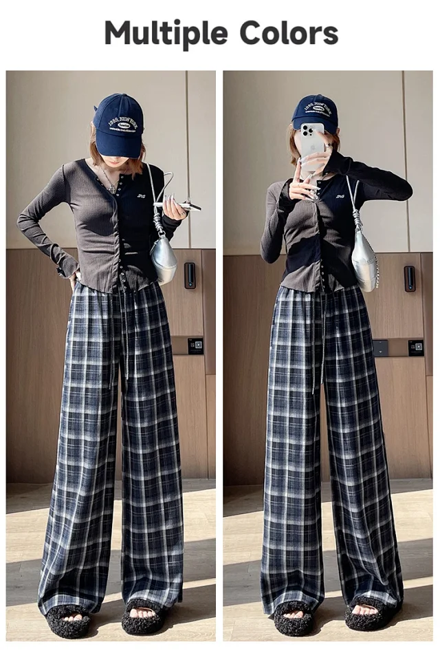 Women's Vintage Plaid Loose High-Waist Pants Detail