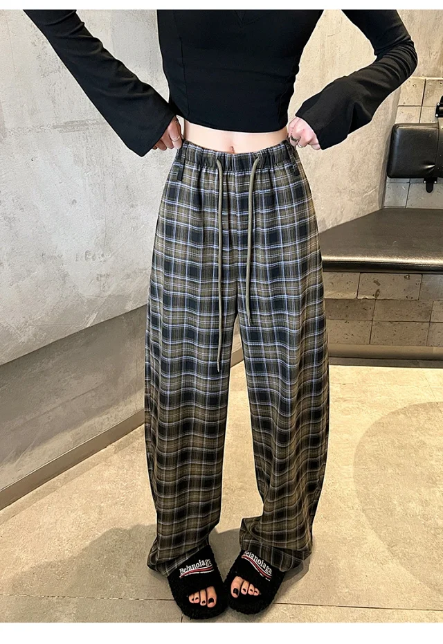 Women's 2025 Fall High-Waist Drawstring Plaid Pants Detail