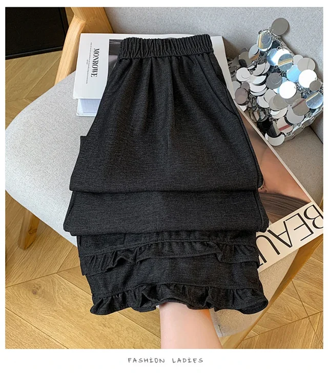 2025 Autumn New Thickened Tencel Denim Ruffle Trim Relaxed Fit Straight Cropped Pants for Women Detail
