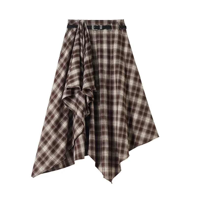 2025 Fall New Korean Black Plaid Irregular High-Waist Midi Skirt for Petite Cuties