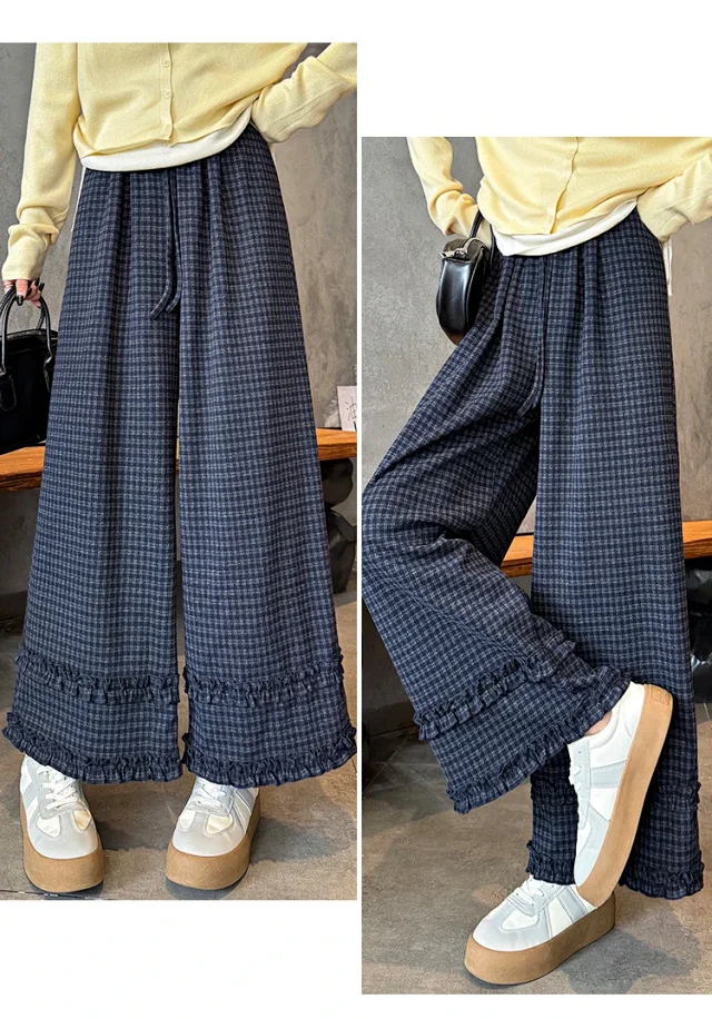 2025 Autumn Women's Ruffled Plaid Wide - leg Pants Detail