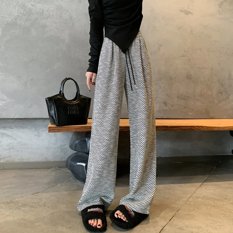 Shiny Striped Wide-Leg Pants for Women
