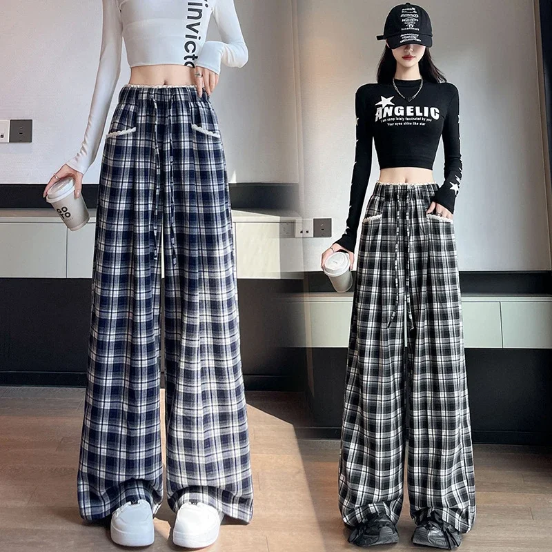 Lace Trim Plaid Wide-Leg Pants 2025 Fall