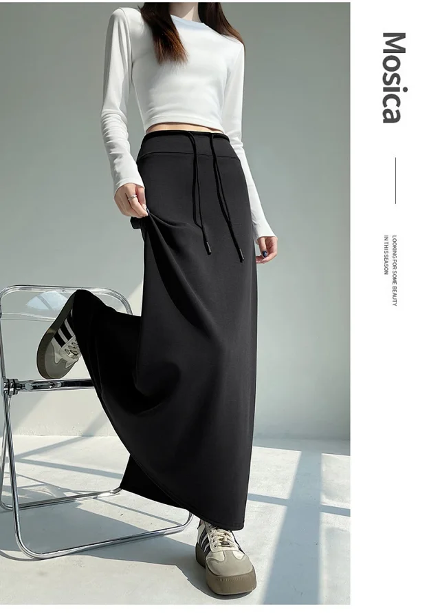 25 Korean Style Autumn-Winter Casual Drawstring Elastic Waist A-line Midi Skirt with Slit Detail
