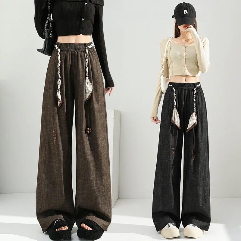 Women's 2025 Early Autumn Silk Scarf Tie Wide-Leg Pants