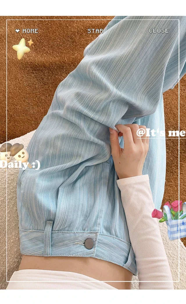 2025 Blue Striped Wide-Leg Pants for Pear-shaped Women Detail