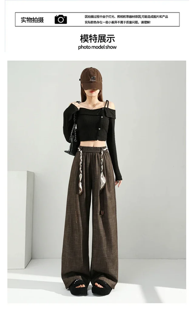 Women's 2025 Early Autumn Silk Scarf Tie Wide-Leg Pants Detail