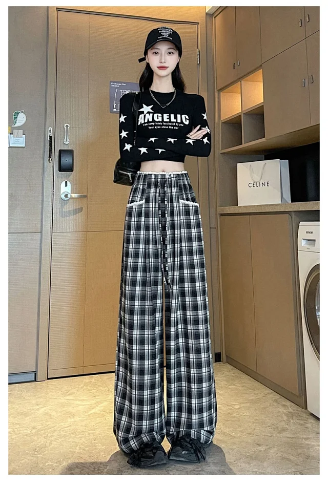 Lace Trim Plaid Wide-Leg Pants 2025 Fall Detail