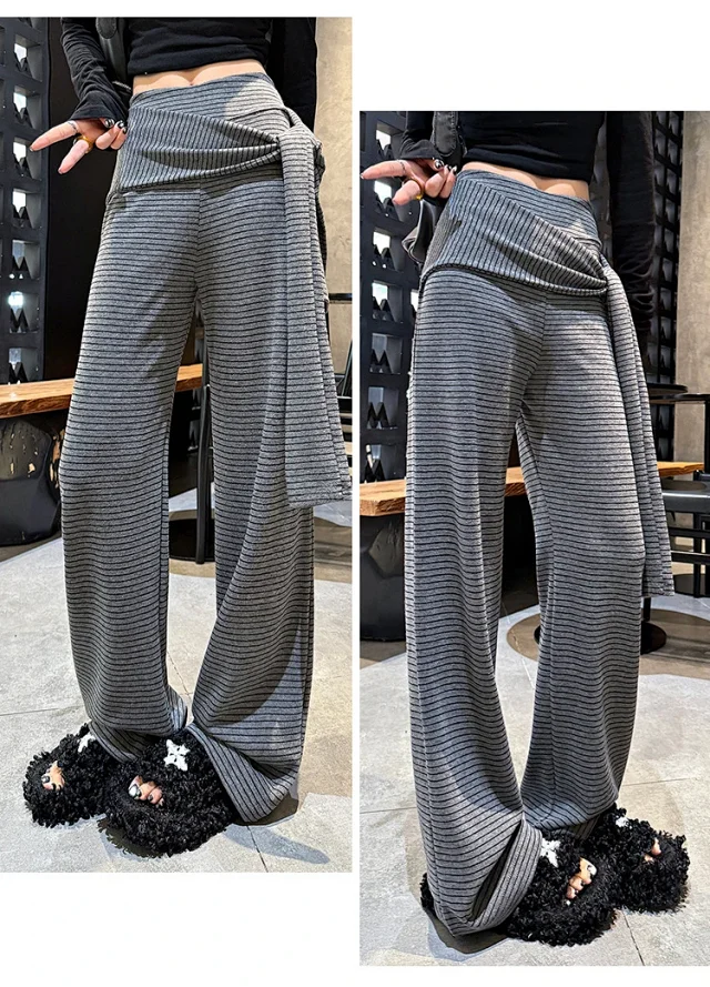 Women's 2025 Autumn Strap Striped Wide - leg Pants Detail